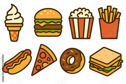 A collection of fast food vector illustrations is available, featuring cartoon and flat designs of unhealthy street food, cafe menus, and party items like ice cream, burgers, popcorn, hotdogs