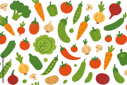 A repeating pattern featuring fresh vegetables on a white background, comprising various vegetarian food items, suitable for printing on organic farm-themed wraps
