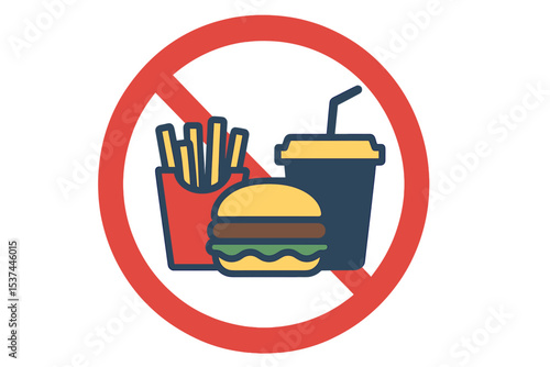 Prohibition sign, no fast food allowed symbol, isolated on white
