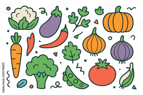 Create an outline of vegetables in a doodle style illustration with a black color scheme on a transparent background in vector format