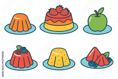Fruit jellies have set, accompanied by gelatin desserts, jello cake, and individual pieces served on plates, all of which are sweet foods that include berries