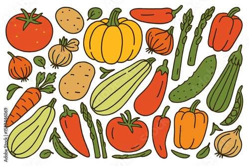 A hand-sketched design featuring various vegetables, including tomatoes, squashes, peppers, potatoes, asparagus, and more, ideal for a healthy food banner