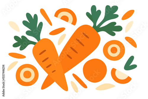 Vector illustration of abstract vegetable design in flat cut out style, featuring cut carrots