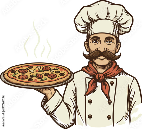 Chef holding freshly baked pepperoni pizza with red scarf vector illustration 
