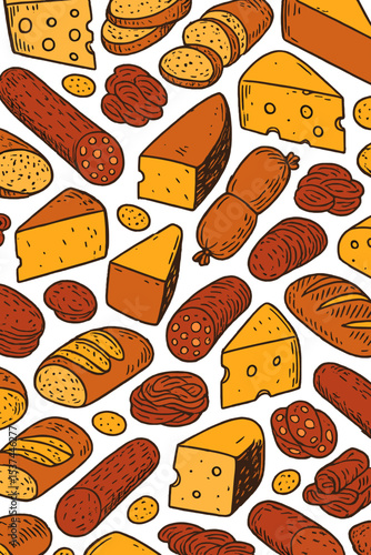 A seamless pattern of gourmet snacks is presented, featuring hand-drawn cheese, sausages, and bread, ideal for a gourmet food menu design template in an engraved style