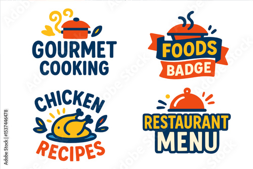 Vector illustration set of gourmet cooking foods badge, kitchen food lettering, chicken recipes, cook, and restaurant menu letterings