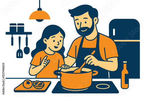 In a warm kitchen, a loving father character patiently teaches his curious daughter the art of cooking
