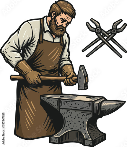 Blacksmith working with hammer and anvil in leather apron vector illustration 