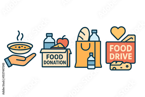 A set of icons for food donations is available, featuring a hand holding a plate of soup and other vector icons in black, including a food box, a bag with bread, water, and cheese, all for the