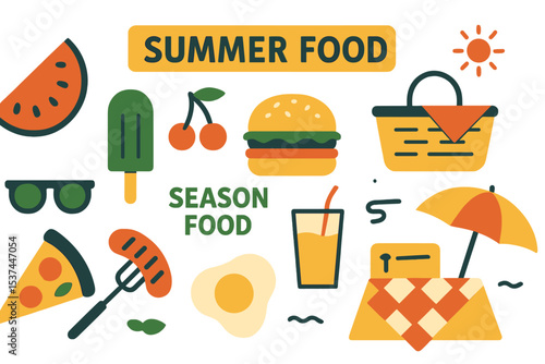 Vector illustration of summer food items, including seasonal food and picnic icons, in editable format