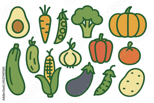 A collection of assorted vegetables in a linear graphic, exemplifying Scandinavian minimalist style, for a healthy food design, presented as a vector illustration