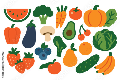 A set of icons representing fruits and vegetables has been compiled, showcasing a variety of fresh and healthy vegetarian food options, including berries, mushrooms, cabbage, and broccoli, all of