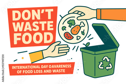Vector illustration banner concept of recycling and leftover disposal on International Day of Awareness of Food Loss and Waste, showing hands throwing food from a plate into a garbage bin