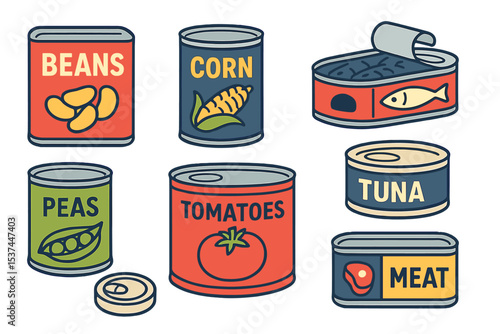 Vector illustration of a collection of various metal containers, including canned goods and food, found in a grocery store, with flat aluminum labels for product storage and conservation