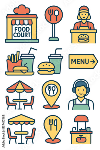 Vector icons for food courts are available in an outline set for web design purposes, isolated on a white background