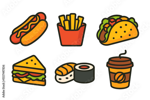 A collection of vibrant food icons, including hot dogs, fries, tacos, sandwiches, sushi, and coffee, presented as bright takeaway food stickers in a cartoon isometric vector style isolated on a white