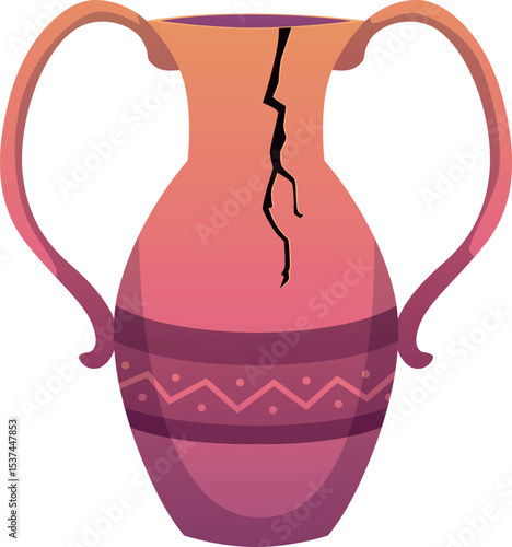 Ancient Greece cracked amphora with traditional ornament flat vector, broken old pottery clay jug or vase with handles