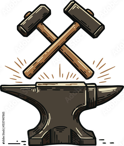 Blacksmith anvil with crossed hammers metalwork craft tools vector illustration 