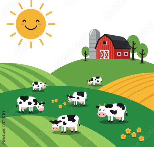 Farm landscape with dairy cows grazing on green hills and red barn under smiling sun 
