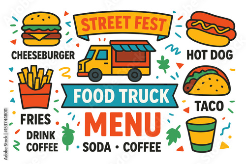 The street fest food truck menu features a design template that incorporates hand-drawn graphic illustrations