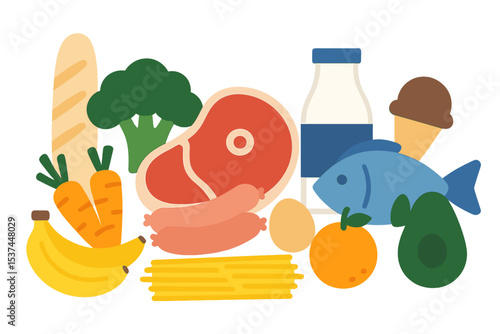 A collection of food items is depicted, including supermarket groceries and various goods such as steak, fish, milk, vegetables, fruits, and baguette, along with pasta, sausages, egg, and ice-cream