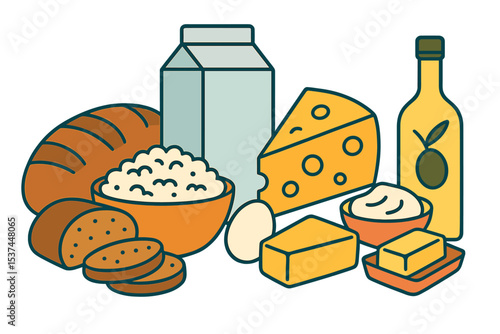 A collection of healthy food items including bread, flour, dairy products, olive oil, and butter, along with milk, cheese, curds, egg, and sour cream, is depicted in a colored flat vector
