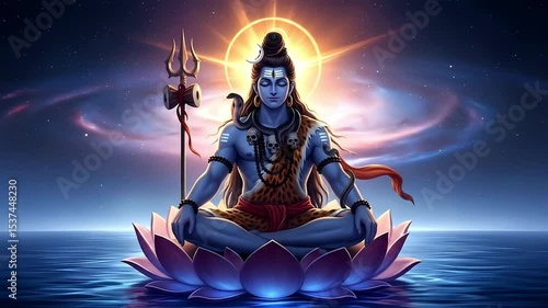 Lord Shiva Meditating on Lotus Flower in Cosmic Ocean with Trident and Snake