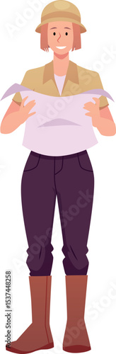 Archaeologist woman wear brown suit and hat holding map, vector young female character historic explorer, paleontologist