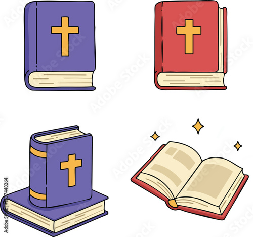 Christian holy Bible book illustrations with crosses in purple and red covers vector set 