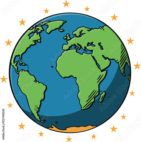 Earth Globe with Green Continents Blue Oceans and Surrounding Yellow Stars Vector Illustration 