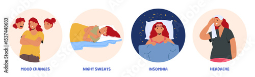 Woman suffering from insomnia, mood changes, night sweats, headache menopause isolated set