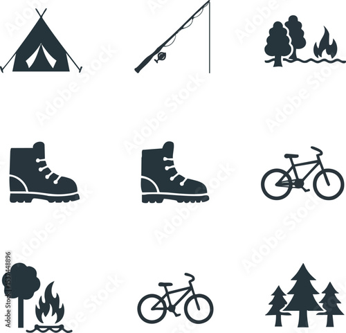 Camping and outdoor adventure icons with tent fishing boots bicycle and campfire set vector 