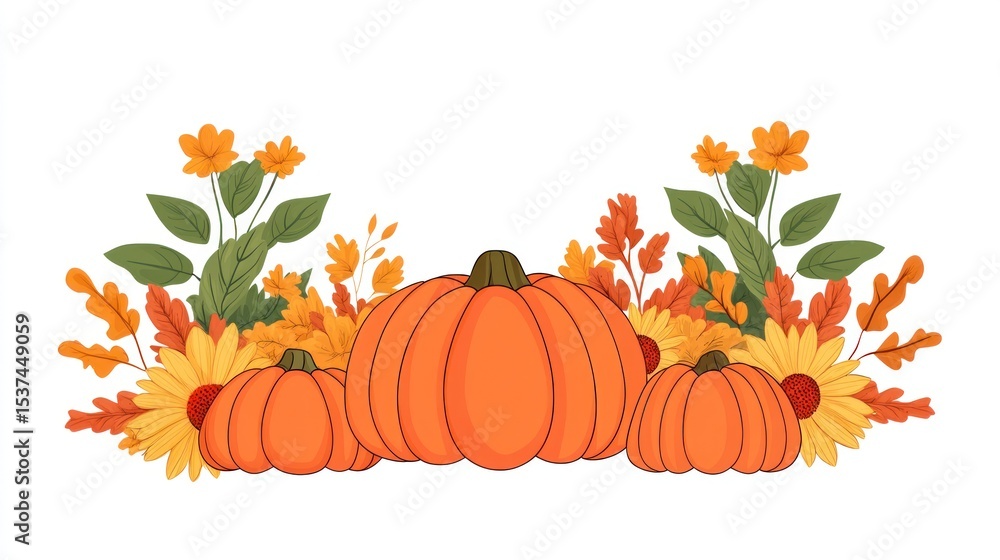 Naklejka premium Autumnal pumpkins and flowers in a decorative arrangement.