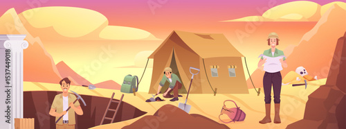 Archeology excavation, vector flat archeologists at work in desert near ancient columns and tent, old artifacts