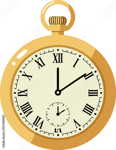 Vintage gold pocket watch with roman numerals and classic time display vector illustration 