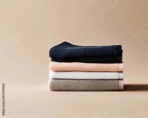Freshly Folded Towels Neatly Arranged in Soft Tones on a Neutral Background