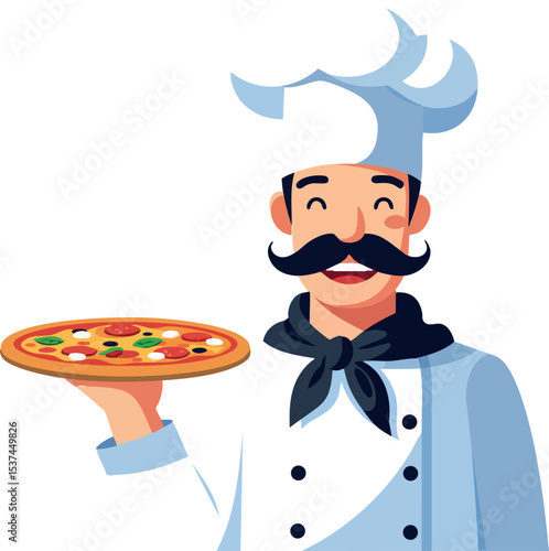 Chef holding freshly made pizza with toppings cooking and food preparation vector illustration 