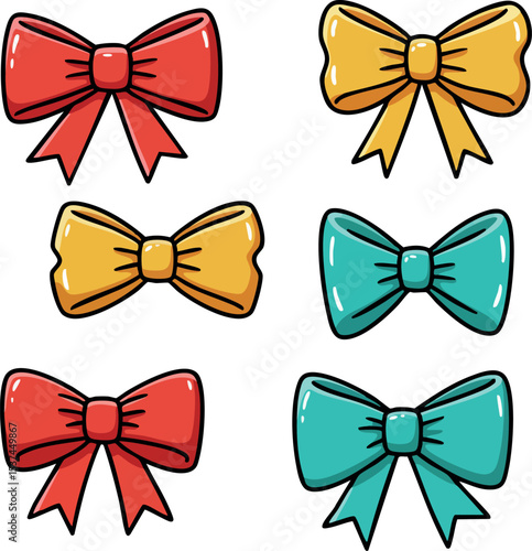 Colorful red yellow and teal bow ties collection vector illustration set 