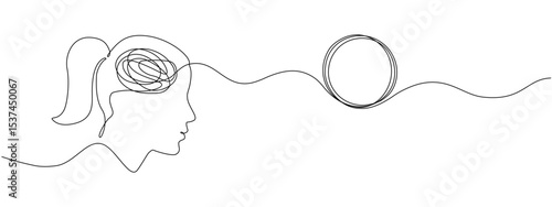 Head of a woman with a tangled mind transitioning into an unraveling thread of thoughts, one continuous editable line. Vector concept of chaos and order in thoughts, mental health, problem solving.