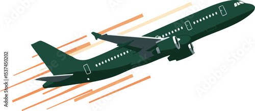 Commercial airplane flying with motion lines in green color vector illustration 