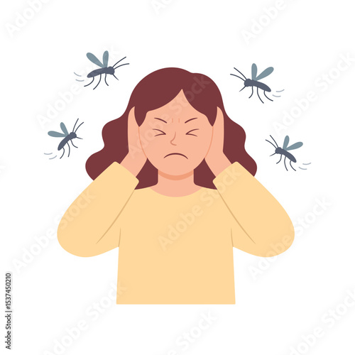 Vector illustration of an annoyed woman covering her ears as mosquitoes buzz around her head. Concept of summer insect problem, mosquito noise, and irritation.