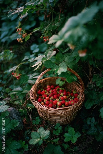 Basket Filled With Freshly Picked Strawberries Among Green Foliage in a Tranq...