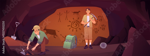 Archeology digging work in cave with rock paintings, archaeologists excavation with pick tool vector flat illustration