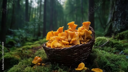 Chanterelle Mushrooms Collected in a Forest Basket During Autumn Harvest