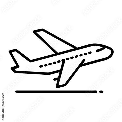Airplane taking off from runway. Plane ascends into sky.  Departure scene perfect for travel brochures and website banners. Air travel icon for flight booking platforms and travel agencies.