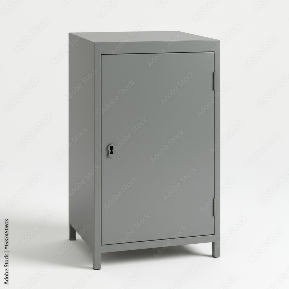 Modern grey metal storage cabinet with single door and keyhole Modern grey metal storage cabinet with single door and keyhole