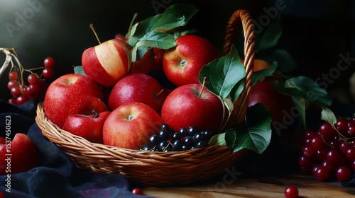 Freshly Harvested Red Apples Displayed in a Woven Basket With Green Leaves an...