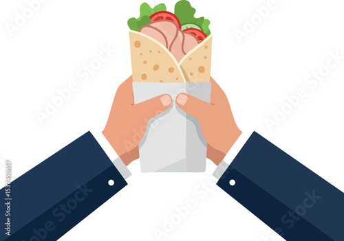 Hands Holding Fresh Wrap Sandwich with Lettuce and Tomato Vector Illustration 
