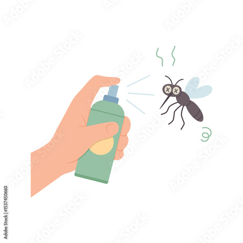 Using an insect repellent spray to kill a mosquito. Concept of pest control, summer protection, and insect prevention. Vector illustration of mosquito repellents, bug sprays, and health care.