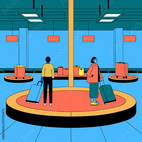 Airport baggage claim carousel with travelers waiting for luggage. Passengers stand near rotating baggage carousel, retrieving suitcases and bags after arrival.